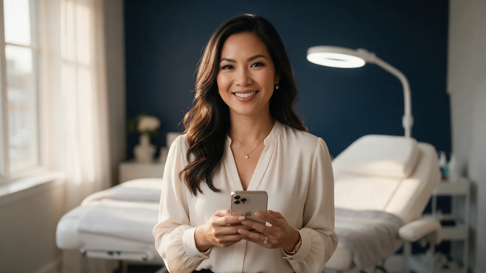 Vietnamese-American beauty studio owner holding her phone in her studio